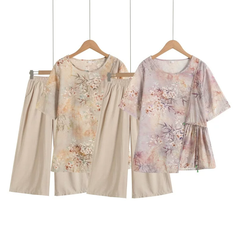 Летняя одежда для мамы, рукава для пожилых, тонкий комплект, с коротким рукавом, для среднего возраста, западный стиль