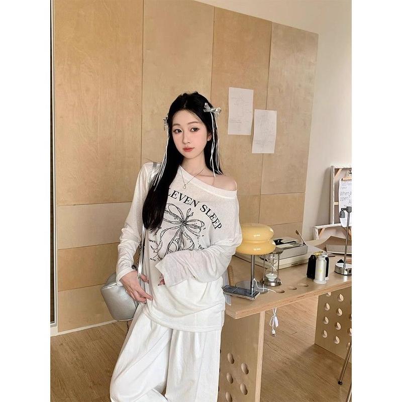慵懒风女字母印花露肩防晒罩衫T恤2025夏季新款休闲宽松显瘦上衣|undefined