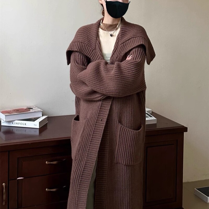 Original Extra Long Lapel Sweater Jacket for Women in Autumn and Winter, Lazy Style, Loose Elegant, Thickeneded Mid-Length Knitted Cardigan Original Extra Long Lapel Sweater Jacket for Women in Autumn and Winter, Lazy Style, Loose Elegant, Thickeneded Mid-Length Knitted Cardigan