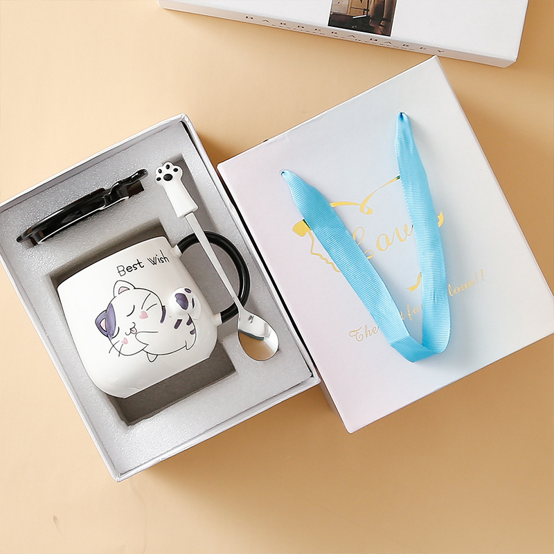 Taza de gato Mark con tapa Cuchara Taza de agua de cerámica Taza de pareja de dibujos animados de cerámica para hombres y mujeres Taza de desayuno de café de oficina