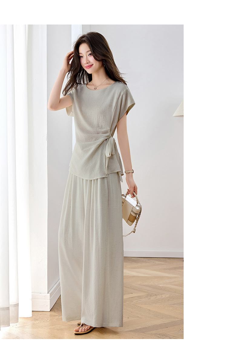 Bộ áo thun cổ tròn nơ buộc kết hợp quần ống rộng nữ 2 món — xanh lam, màu kaki, màu trắng ngà chi tiết 20