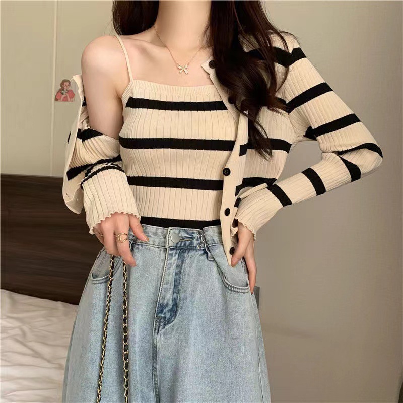 81g Weight Long Sleeve Sleeve Length Single Breasted Placket Type Ice Silk, Polyester Fabric Type Short Top Length Knitwear Tops Type Daily Occasion Round Neck Neckline Slim Fit Type Stripe Pattern Spring, Autumn Season Women's Gender Casual Style Wholesale Women's Ice Silk Polyester Casual Stripe Long Sleeve Sweaters & Cardigans 14