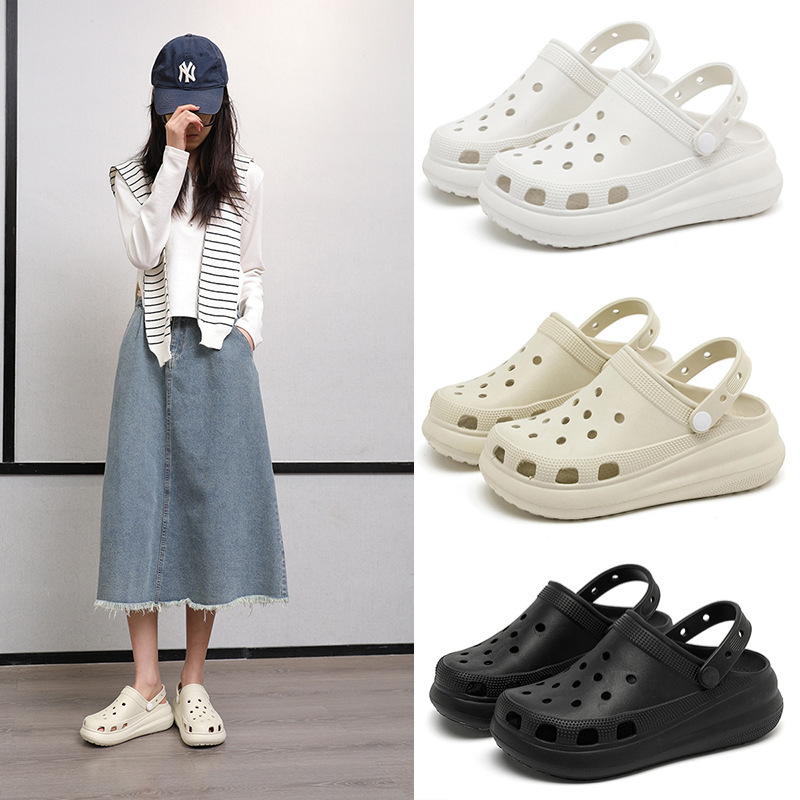 Cross-border new puff slip-on hole shoes women's outer wear thick bottom one-piece height increasing women's beach shoes sandals