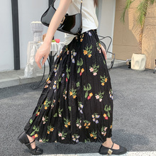 韩系淑女雪纺碎花半身裙女松紧腰垂感压褶A字裙气质显瘦大摆长裙