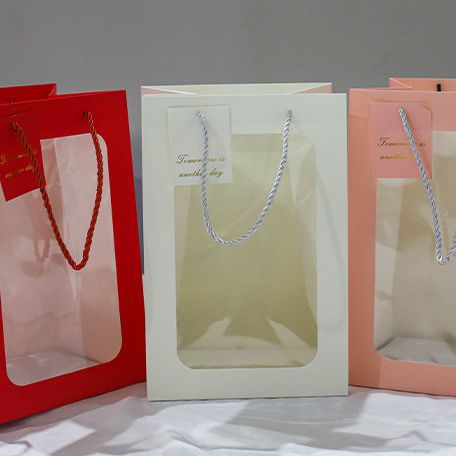 现货透明开窗礼盒手提袋白卡纸纯色礼品袋情人节鲜花包装批发