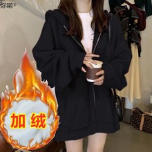 2023美高品深灰色连帽卫衣女复古慵懒风显瘦上衣秋冬加绒拉链外套