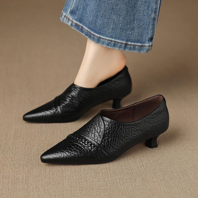 5cm~ Crocodile Pattern Soft Leather Pointed Toe Deep-Cut Single Shoes for Women, 2026 Autumn New Super Popular Woven High-Heeled Leather Shoes