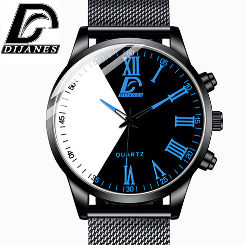 DIJANES 韩版黑科技手表时尚男士不锈钢手表学生个性阴阳面石英表