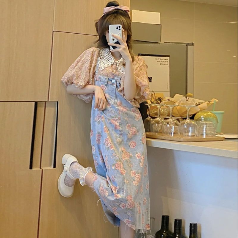 (2개) 긴 꽃 원피스 빈티지 데님 스트랩 원피스 여름 202 디자인 꽉 허리 슬리밍 중간 길이의 아이들