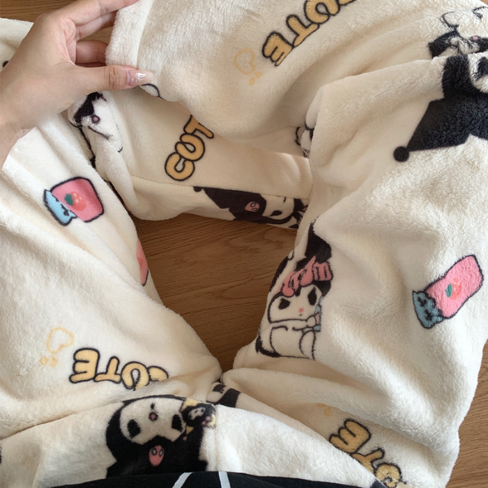 Pantalones de pijama de franela de coral de dibujos animados, pantalones de pijama de hombre, pantalones de invierno de otoño de mujer, pantalones caseros