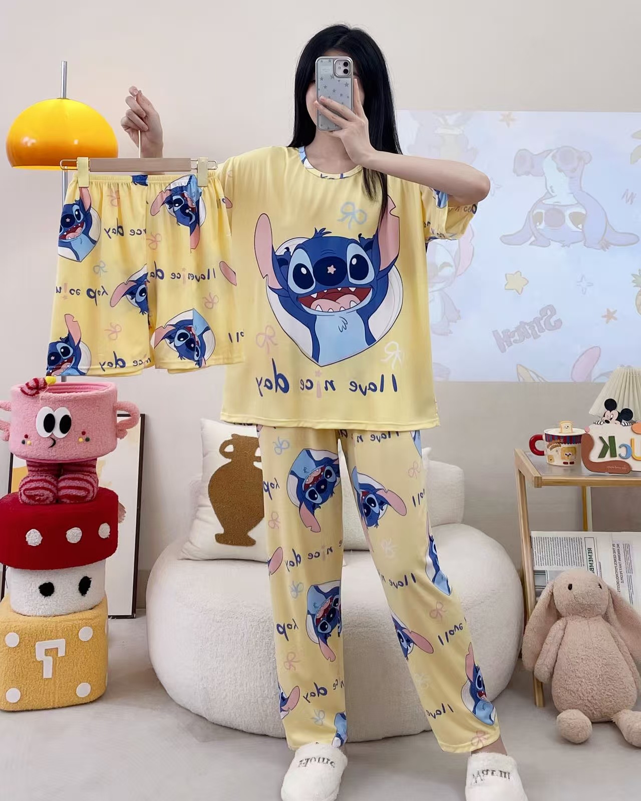 Pijamas de verano transfronterizos pijamas de leche de seda de tres piezas set de dibujos animados comercio exterior ropa para el hogar pantalones de mangas cortas lindos