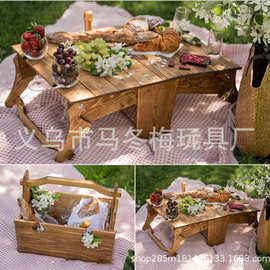 Folding Picnic Basket Table 户外二合一野餐桌可转换储物木篮