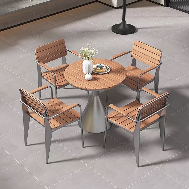 Nordic Restaurant Outdoor Round Table Plastic Wood Dining Table Outdoor Leisure Table and Chair Combination Open-Air Barbecue Shop Milk Tea Shop Table