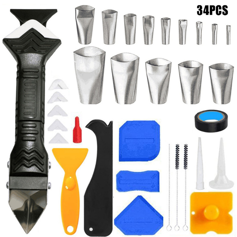 34件套3合1金属刀头刮板填缝工具硅胶去除剂美缝喷嘴灌浆工具