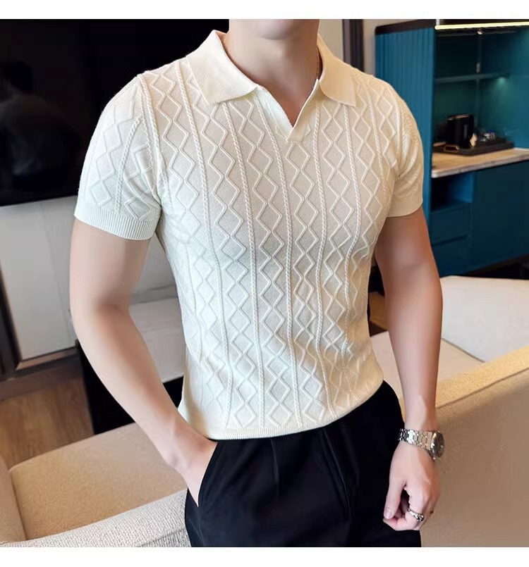 Men's Clothing Plus Size Men's Shirt Style Short Sleeved V Neck Business Collar Cable Knit T-Shirt For Formal & Casual_voghion.com