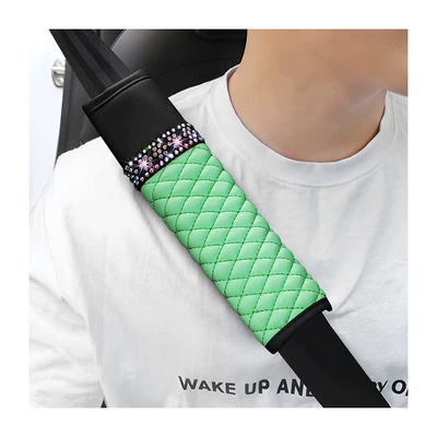 Shoulder Cover Leather Diamond-Encrusted | Seat belt shoulder pad - green-2265