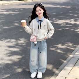 韩范清新文艺个性女童POLO领拼接假两件卫衣甜美可爱牛仔裤套装潮