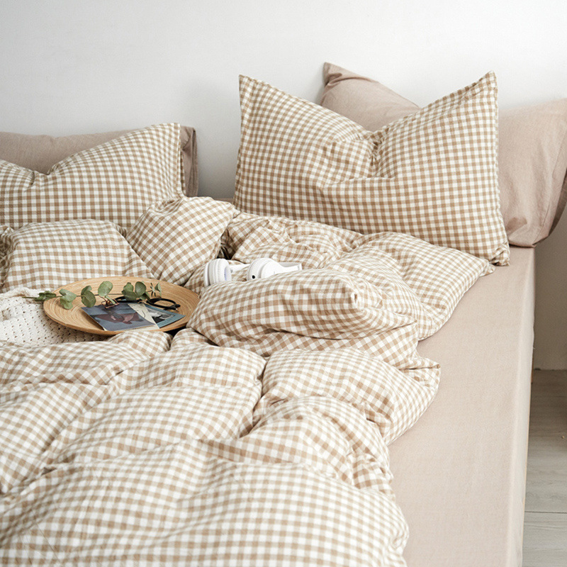 Japanese Style Good Wash Cotton Four-piece Set Solid Color Simple Plaid Quilt Cover Bed Sheet Three-piece Set Dormitory Bedding Factory