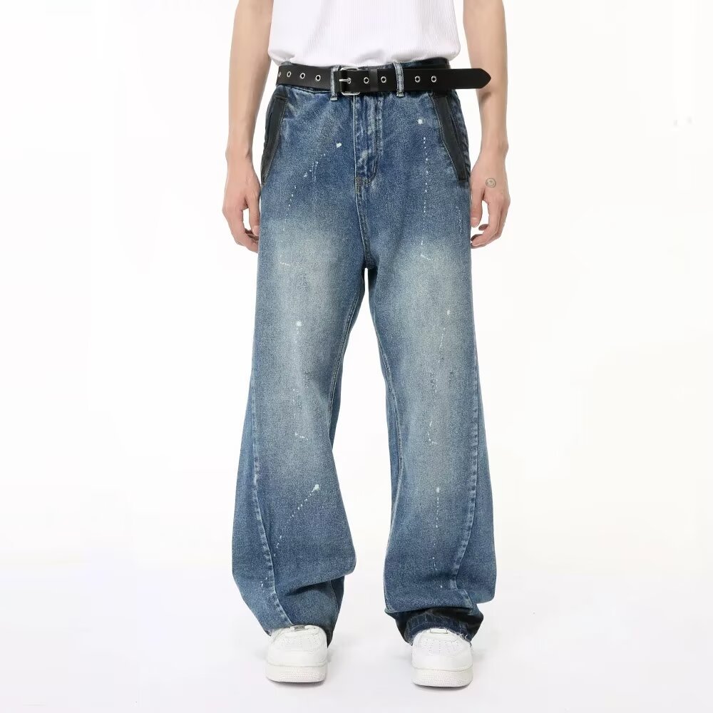 Men's Oversized Relaxed Fit Jeans Streetwear Splatter Wash Vintage Blue Paint Effect Denim (XS-3XL)_mkmklike.com