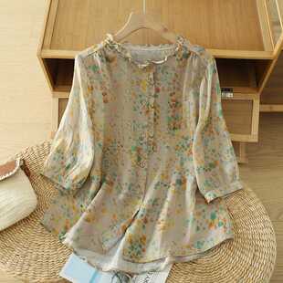 Real Shot of Ramie Tops for Women 2025 Summer Women's Large Size Belly-Covering Lace Stand-Up Collar Floral Shirt
