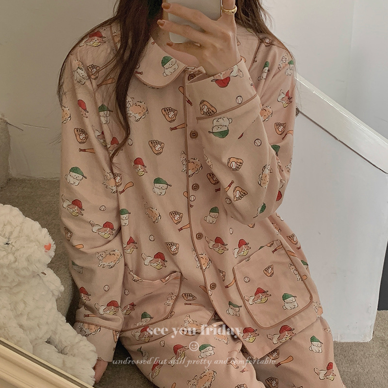 Skin-friendly cotton sanding baseball puppy printed silver ingot collar long sleeve trousers autumn and winter pajamas women's South Korea 2024 new
