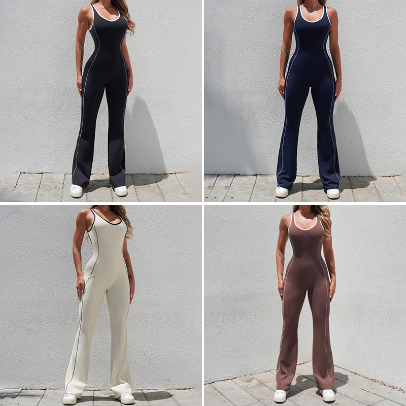 Monos de yoga deportivos transfronterizos europeos y americanos cuidadosamente seleccionados para mujer, con un hermoso diseño en la espalda, un diseño deportivo de fitness con una sensación de desnudez y un estilo de pantalones acampanados que levantan la cadera.