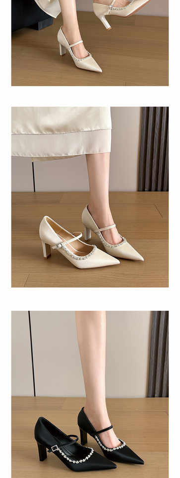 Giày cao gót Mary Jane quai ngang đính đá lụa satin, gót vuông 6–8 cm, mũi nhọn — Màu trắng ngà, Vàng nhạt, màu đen chi tiết 9