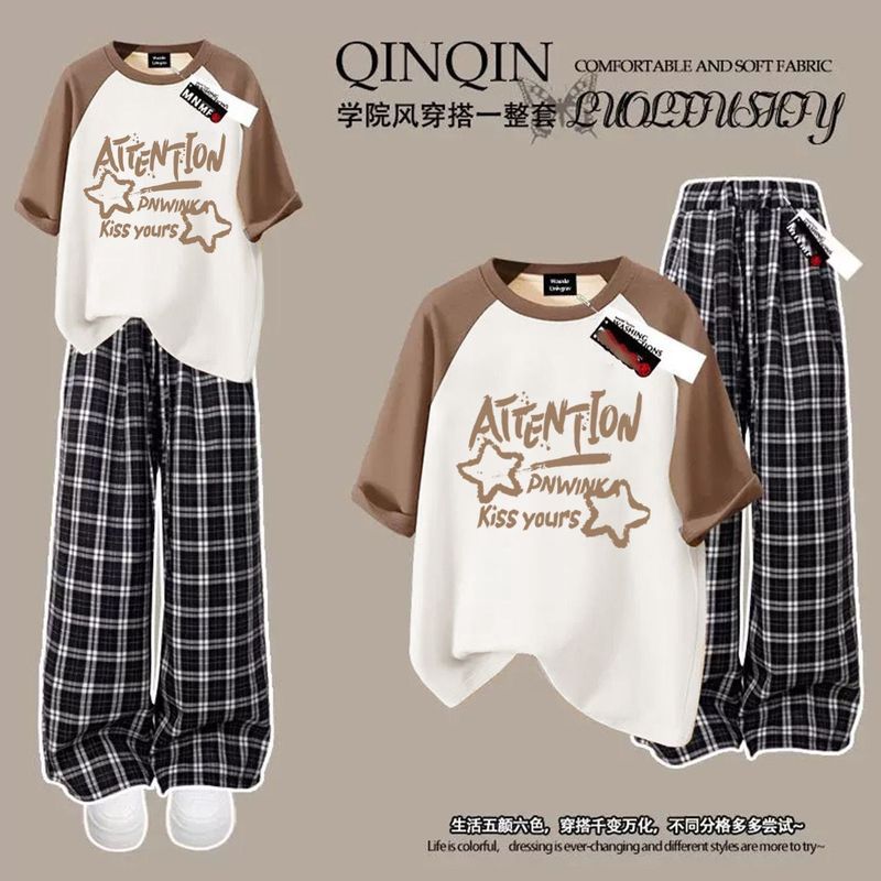 女子学生向けの夏の人気半袖Tシャツ単品/セット、甘いスタイル、ゆったりカジュアルなワイドパンツ、トレンドの2点セット|undefined