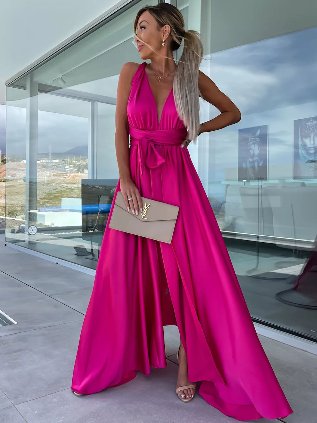 Elegant Solid Color V Neck Sleeveless Patchwork Polyester Maxi Long Dress Super Large Swing Skirt display picture 9