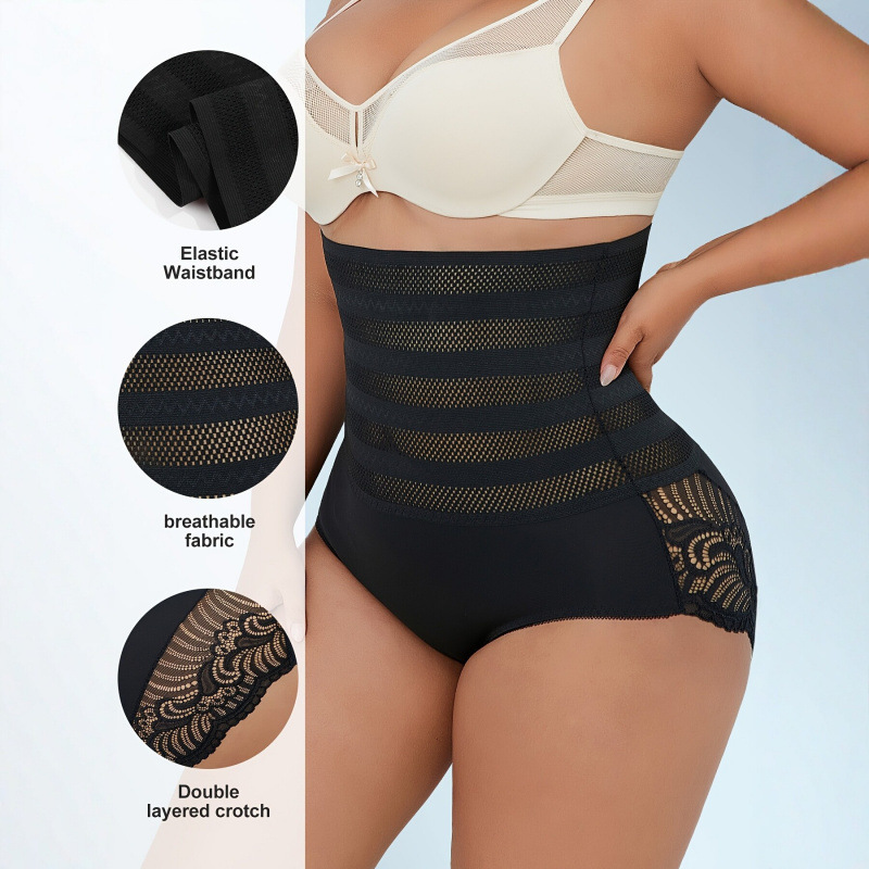 Women's Breathable High-Waisted Lace Shapewear Panties, Tummy Control and Butt-Lifting Underwear, Elegant Plus-Size Lace Lingerie Briefs
