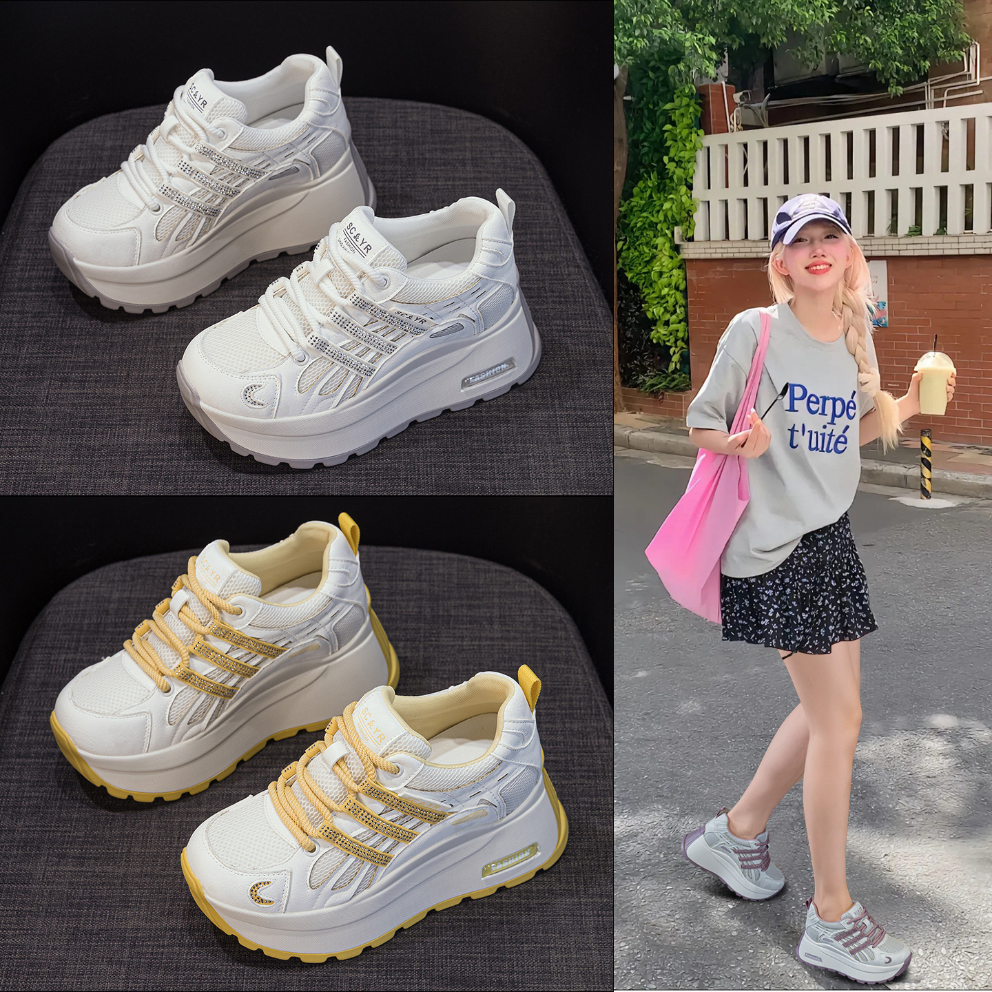 Giày sneaker nữ đế dày tăng chiều cao lưới thoáng khí mùa hè — Tím 5039, Trắng 5039, Vàng 5039