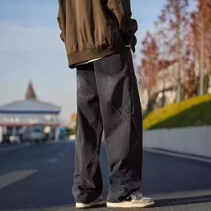 American Style Retro Jeans Men's Autumn High Street Old Loose Wide Leg Pants Trendy Brand Casual Straight Tooling Pants