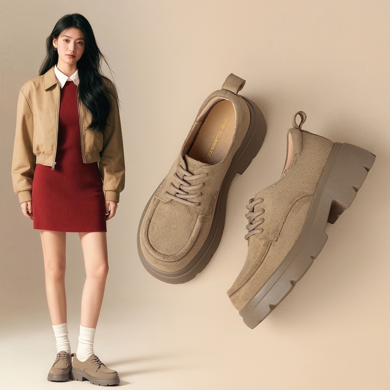 Zhr Retro Loafers Thick-Soled Preppy British Flats for Women 2025 Autumn and Winter New Lace-Up Versatile Women's Shoes