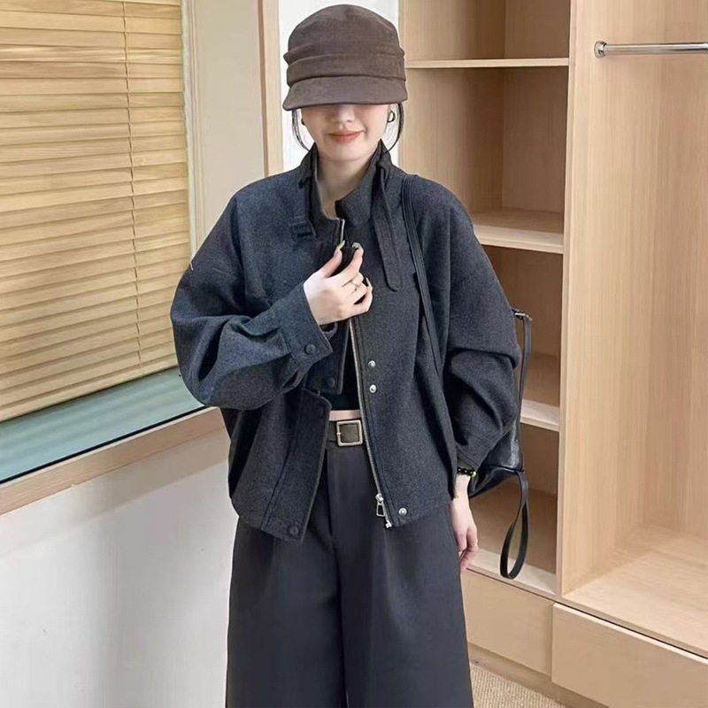 2025秋冬新款休闲洋气减龄显瘦宽松上衣潮立领时尚毛呢外套女短款|undefined