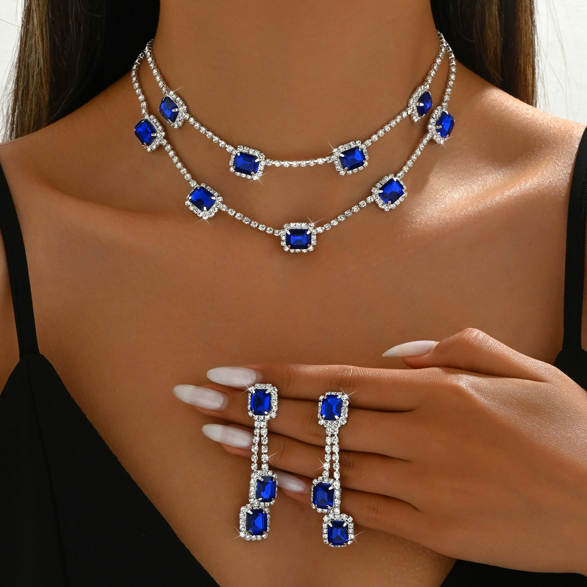 Square multicoloured necklace, earrings, set, Amazon, light luxury style, 2 piece set
