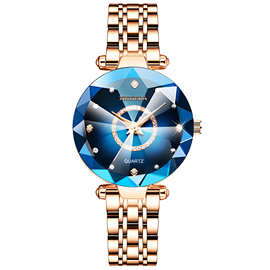 抖音爆款海洋之心品牌星空钻面璀璨多面玻璃实心钢带女士防水手表