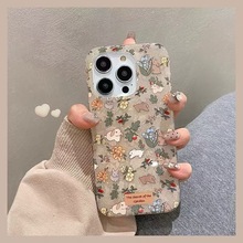 复古小众闪粉碎花兔子适用苹果15/16新款手机壳14promax韩系16pro