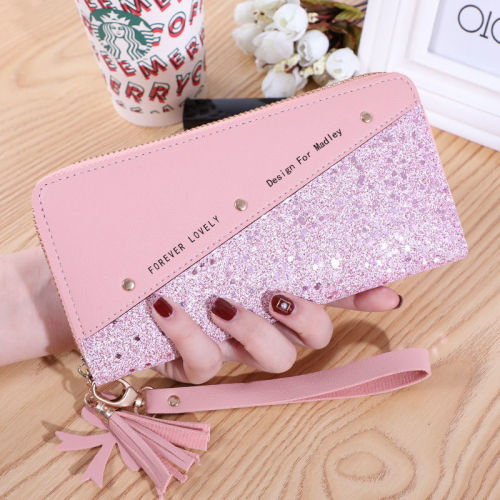  New Wallet Long Ladies Zipper Wallet Female Korean Style Stitching Contrast Color Tassel Versatile Card Holder Mobile Phone Bag