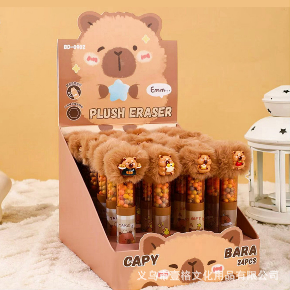 Nuevos productos lindos borradores rotativos de peluche rotativos de goma hexagonal de dibujos animados calentados bola calentada reducción de presión borradora