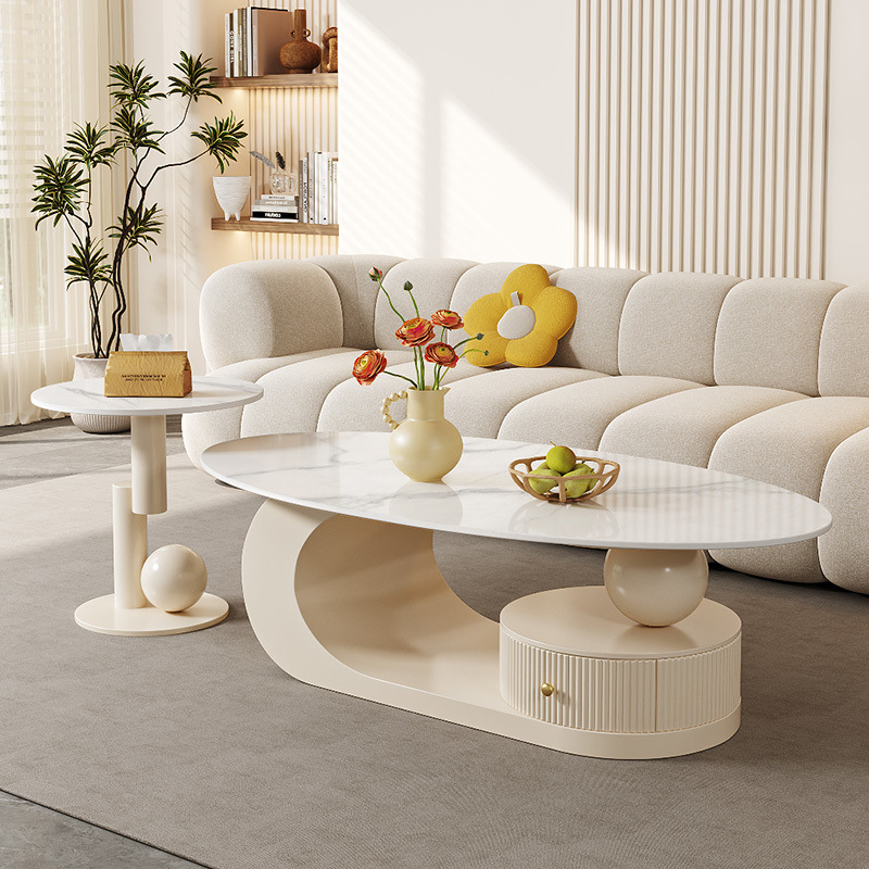 Mesa de té de tabla de roca ovalada para la sala de estar de lujo ligero doméstico moderno nuevo tipo simple de casa pequeña combinación de mesa de té de crema