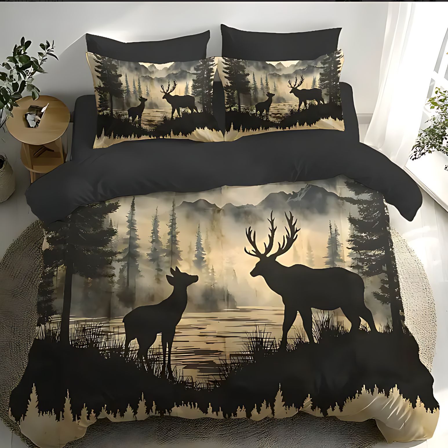 TEMU / JIT serie de madera oscura impresión digital HD edredón conjunto de ropa de cama para dibujar