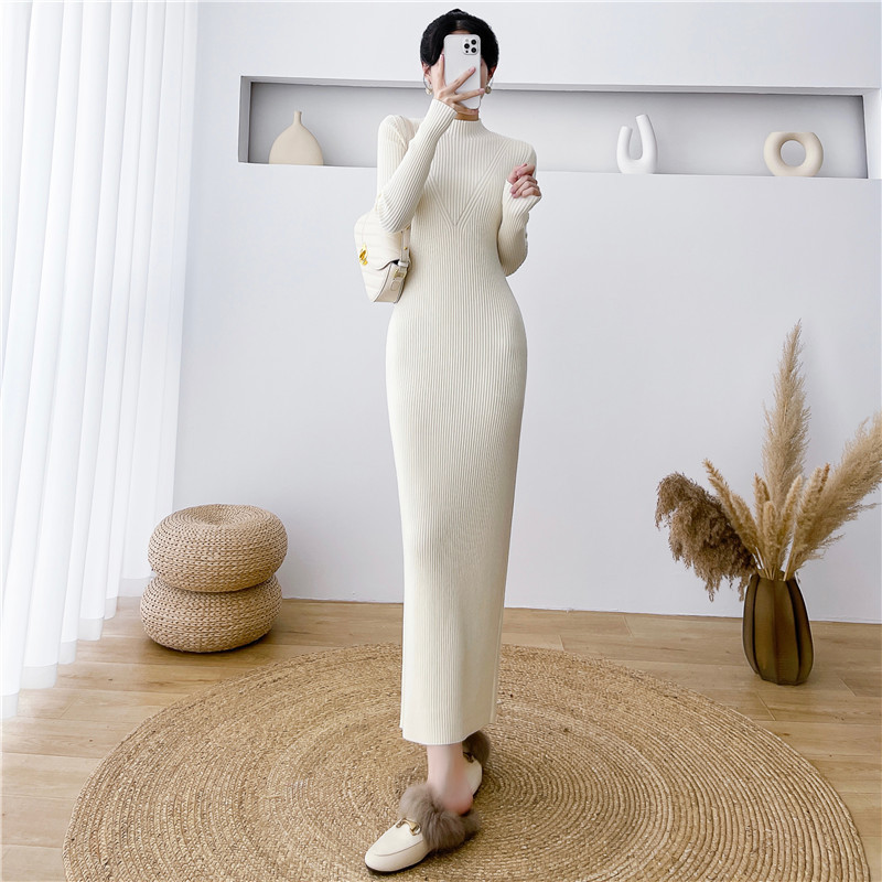 French Spring & Fall New Style Retro Half Turtleneck Sweater Women's Long Skirt Small High-End Knitted Long-Sleeved Dress