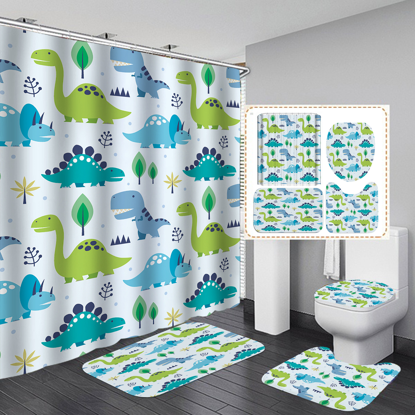 Cortina de ducha de baño de serie de dibujos animados de dinosaurio de impresión digital HD transfronteriza con 12 ganchos de plástico de tipo C