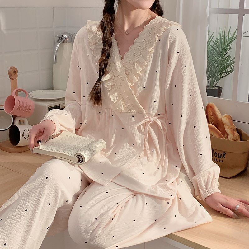 Lunar Clothing Spring and Autumn Postpartum Cotton plus size Nursing Pregnant Women Pajamas Maternal Summer Thin Waiting for Delivery Nursing suit