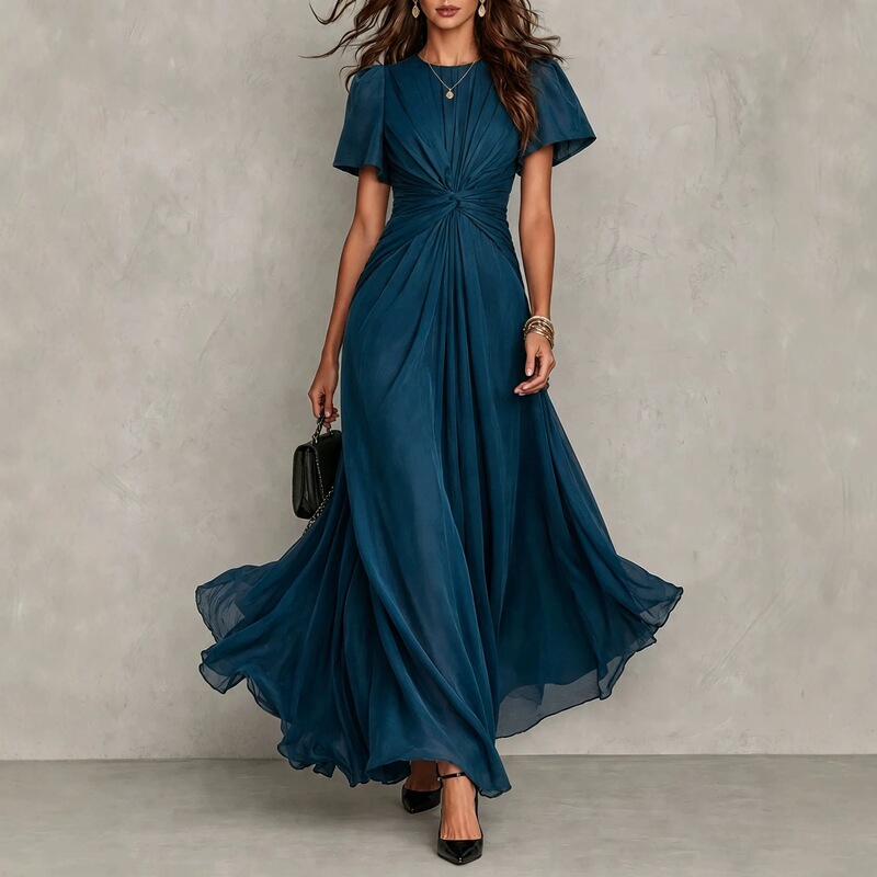 2026 European and American cross-border French pleated waist-cinching long dress, elegant chiffon full-skirted evening gown