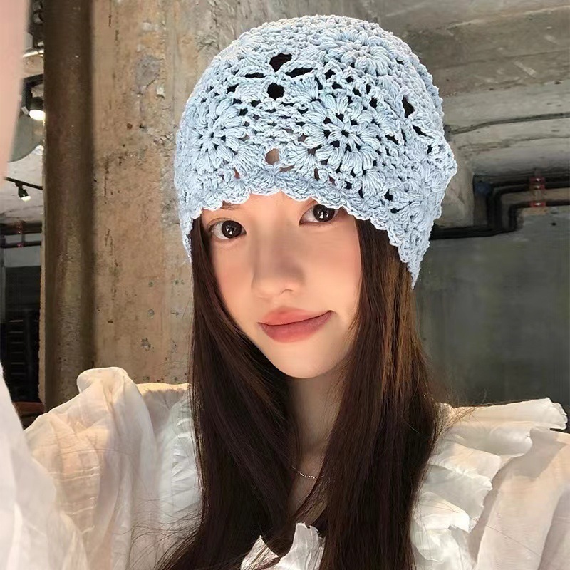 春夏薄款手工编针织帽女镂空钩花毛线帽甜美文艺显脸小包头堆堆帽|undefined