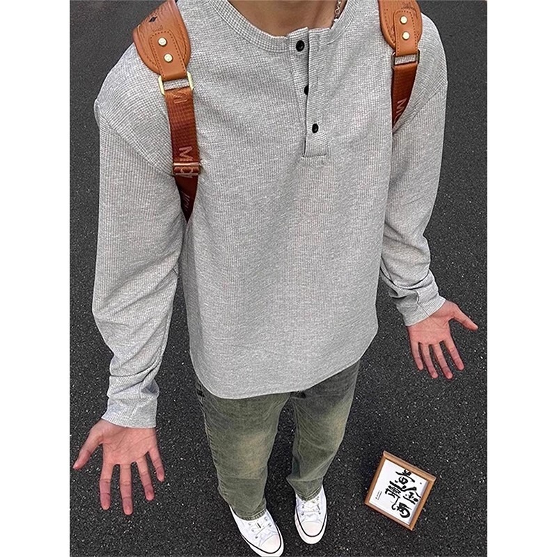 Jow/Jowwo Henry Collar Long-Sleeved T-Shirt Men's Spring and Autum Loose Casual Sweatshirt Men's Niche Design Top