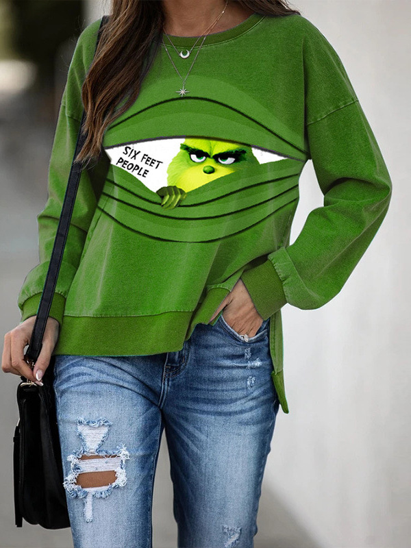 Comercio exterior de otoño y invierno de cuello redondo impresión de manga larga extraña camiseta de pelo verde chaqueta casual ropa de Navidad