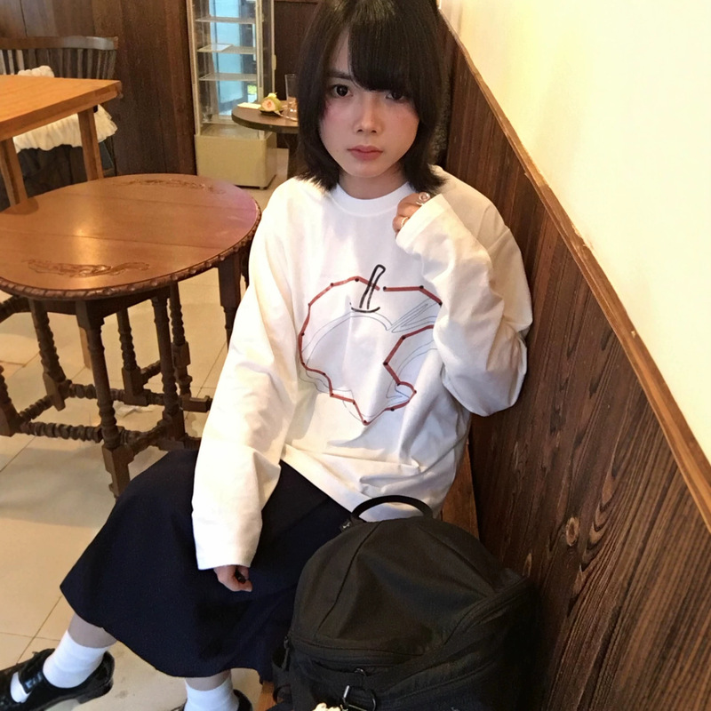 Korean-style, Instagram-inspired, abstract line-art apple print, loose-fitting, casual long-sleeve T-shirt, new autumn/winter 2026 collection