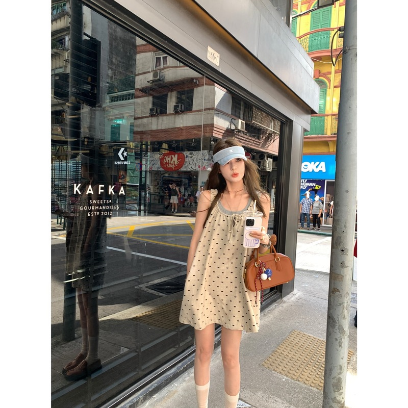 Axbbb Niameila Painting Society Du's Double-Layer Suspender Dress Drawstring Design Polka Dot Vest Dress